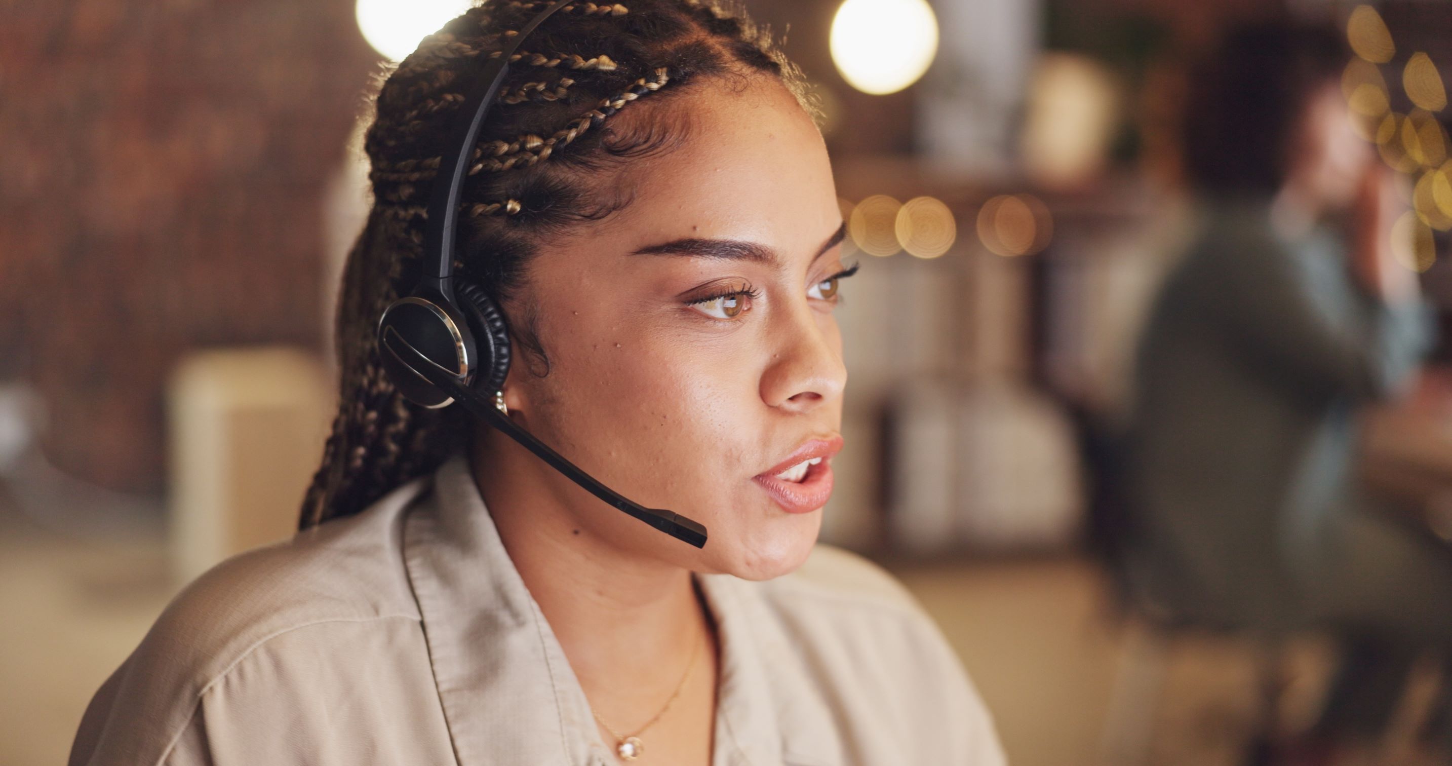 Woman speaking with headset