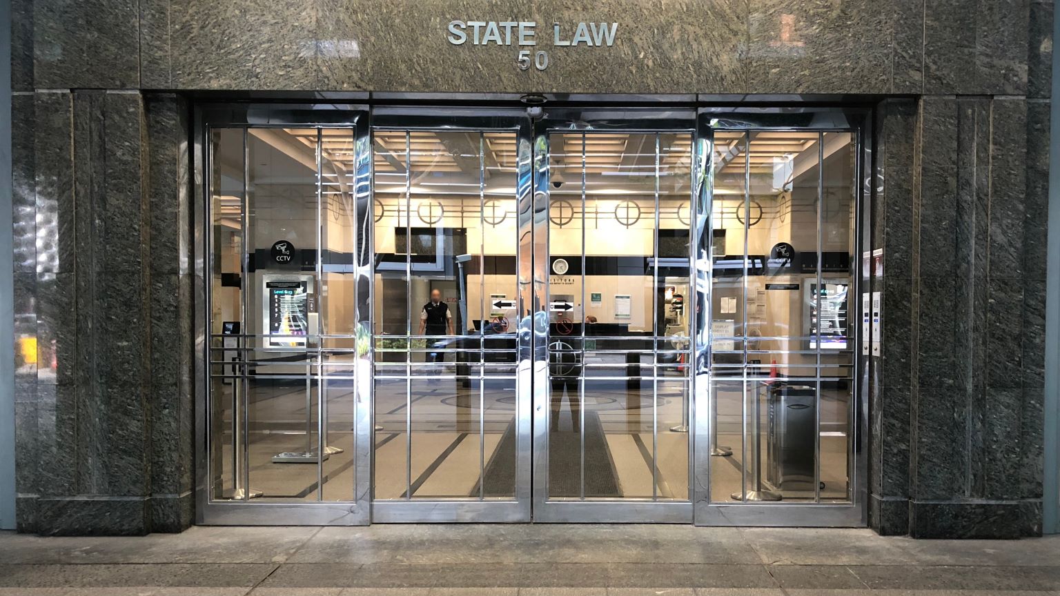 Front glass doors of State Law Building Brisbane